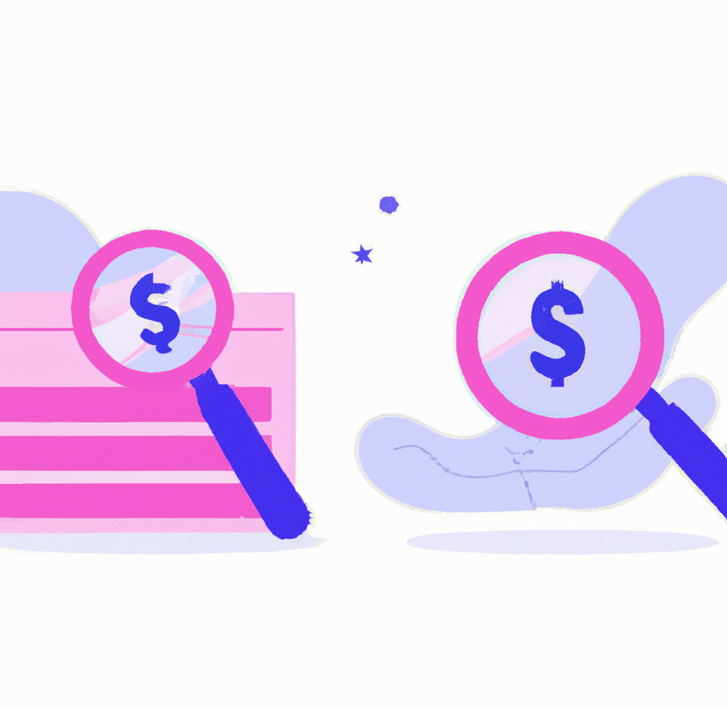 Abstract illustration of a data dashboard with a magnifying glass focusing on money, symbolizing the role of SEO in inbound marketing for higher ROI.