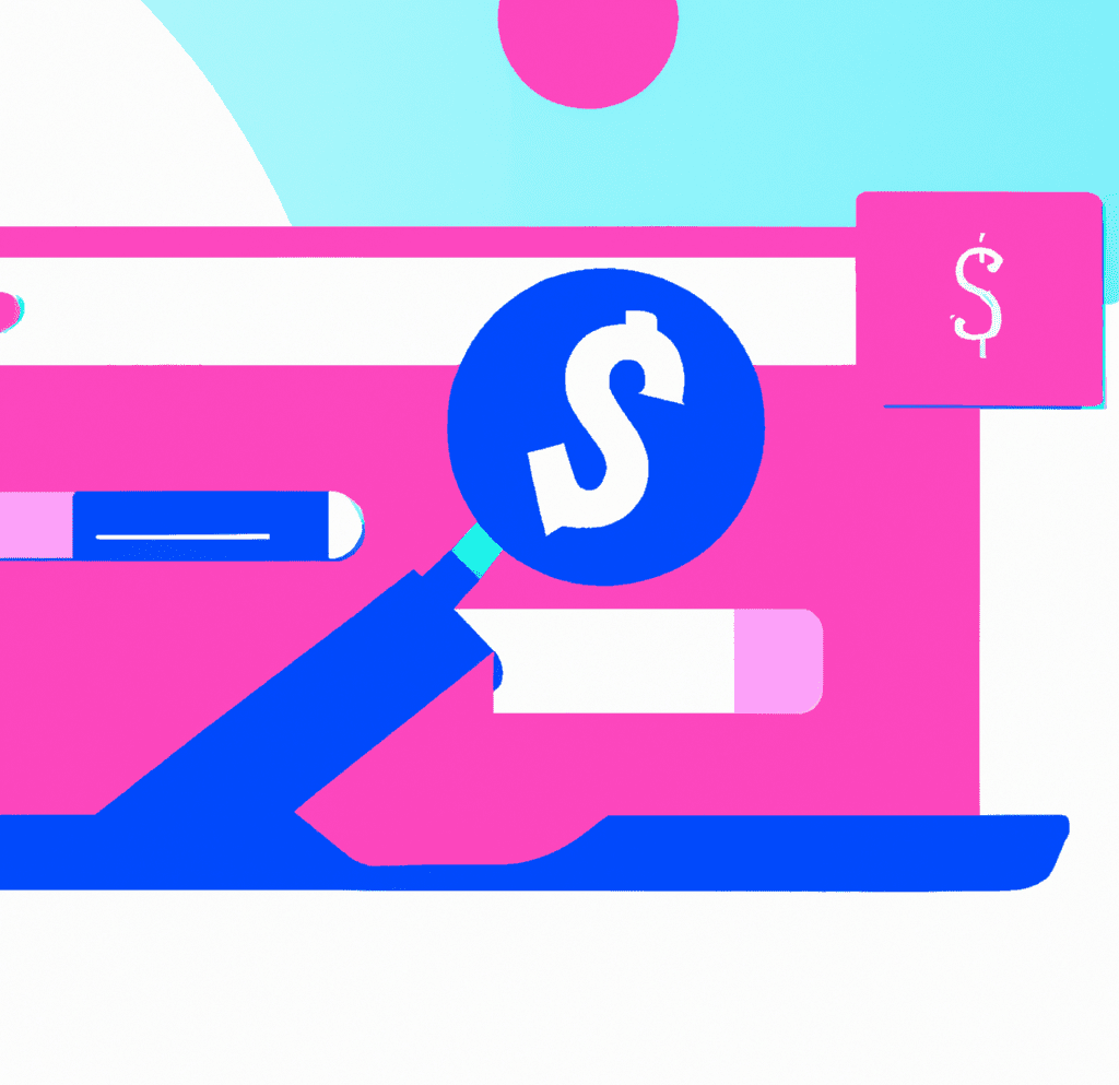 Abstract illustration showing a data dashboard and magnifying glass focusing on money, illustrating the ROI of SEO and its measurable benefits.