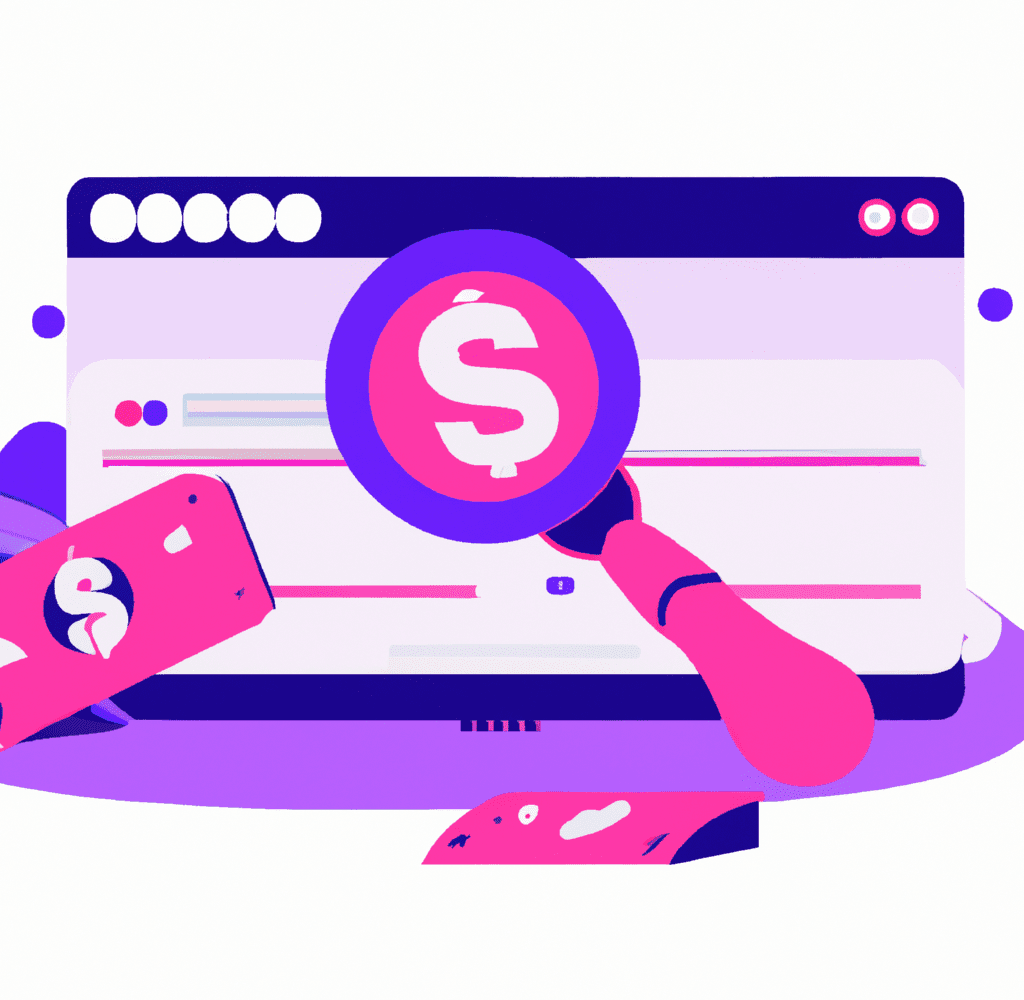 Abstract illustration showing a data dashboard and magnifying glass focusing on money, symbolizing the ROI comparison between SEO and traditional marketing