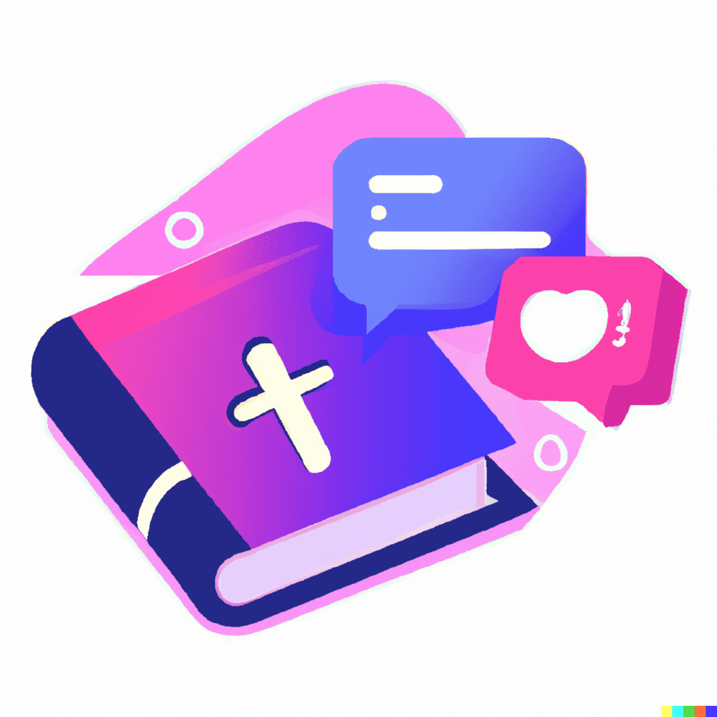 Abstract illustration showing a bible with chat bubbles and a heart, symbolizing the importance of social media commandments for business.