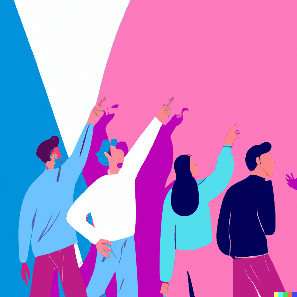Abstract illustration showing a group of people pointing to the sky, symbolizing social proof.