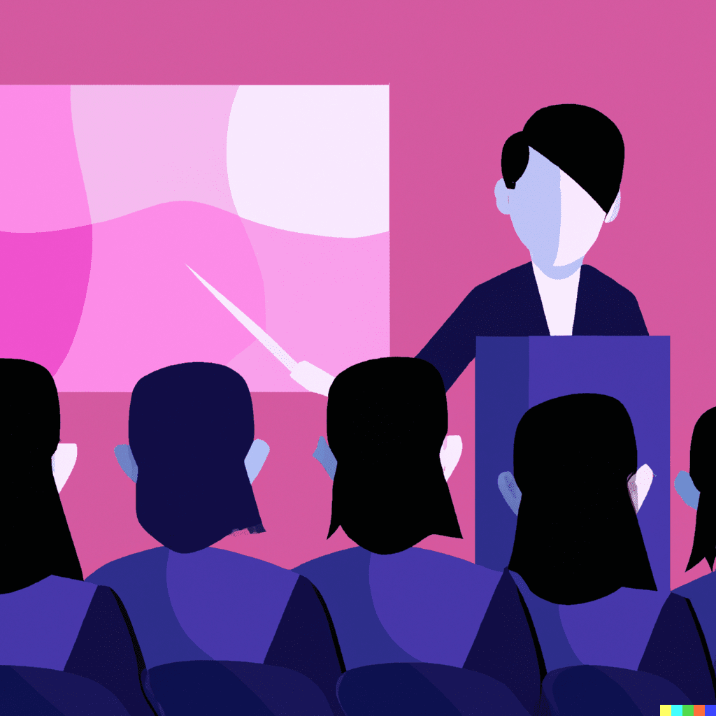 Abstract illustration of a presenter standing and delivering a story to a seated audience, symbolizing the impact of storytelling in hospitality marketing.