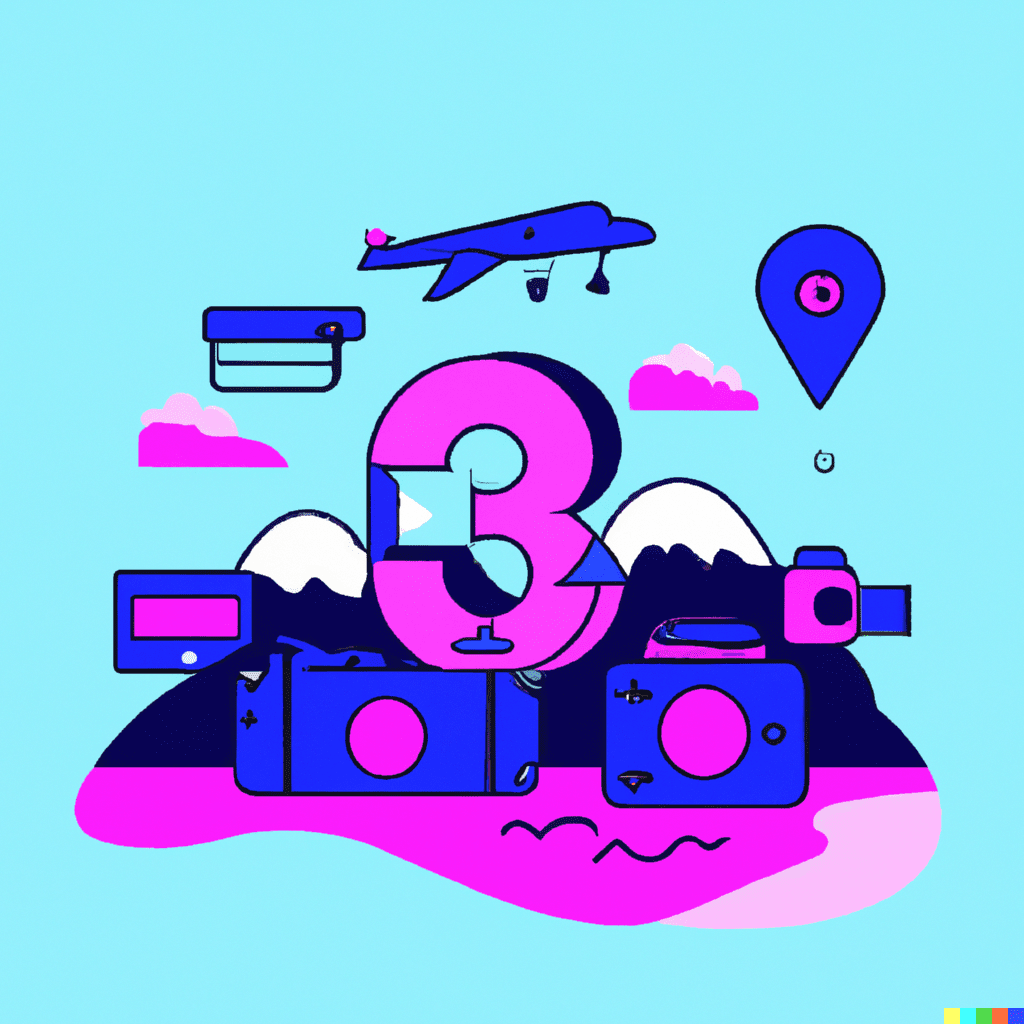 Abstract illustration showing a plane, phone, location pin, and the number '3' with a mountain in the background, representing the steps to create a digital marketing strategy for hotels in Jamaica.