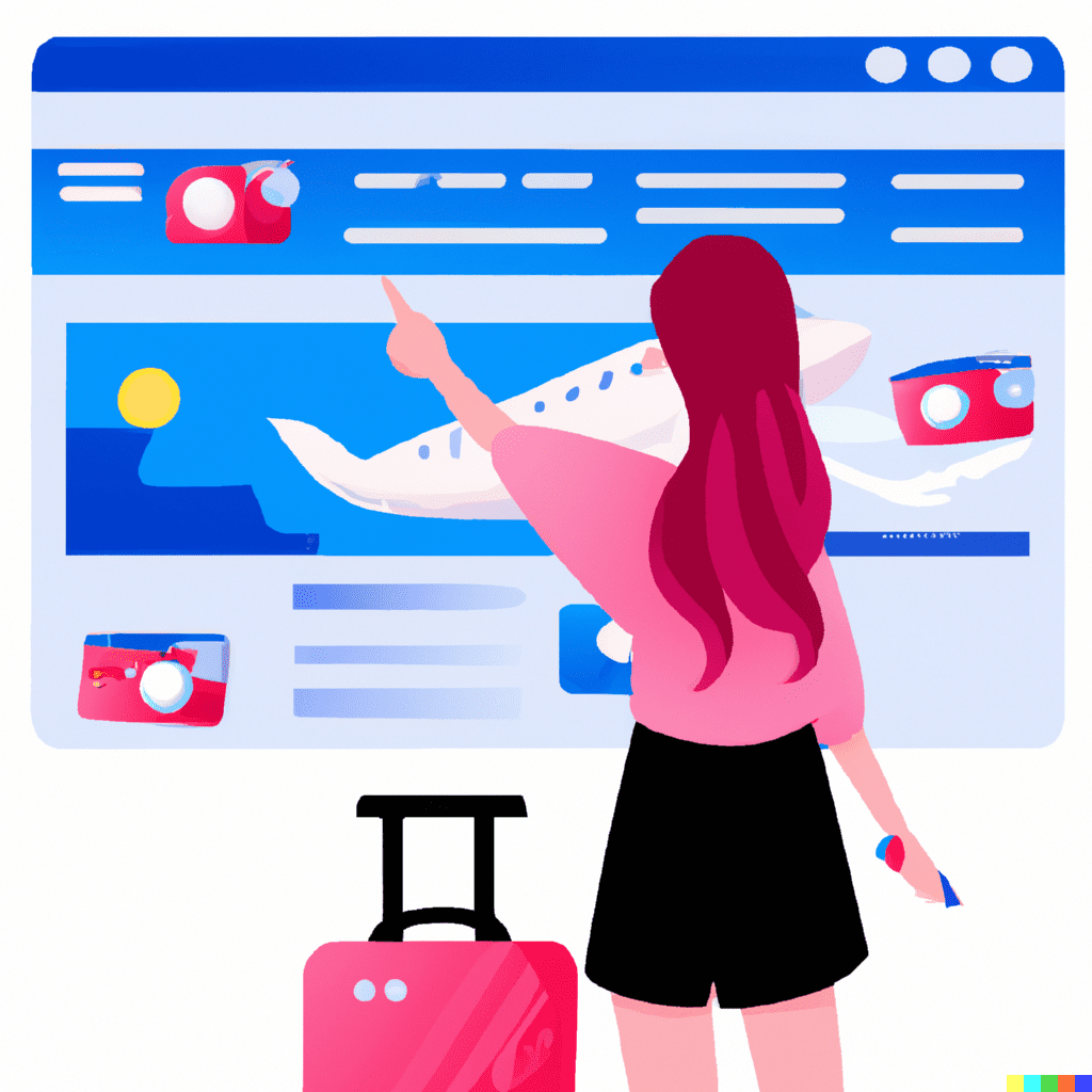 Abstract illustration of a lady at an airport pointing to a data dashboard with a plane, symbolizing the future of digital marketing in tourism and hospitality.