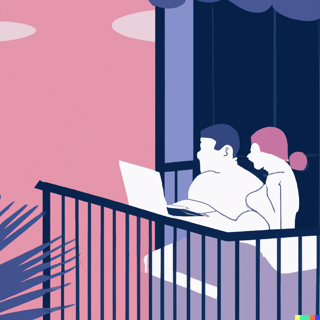 Couple on a hotel balcony using a laptop, emphasizing the impact of user-generated content on hotel and attraction marketing