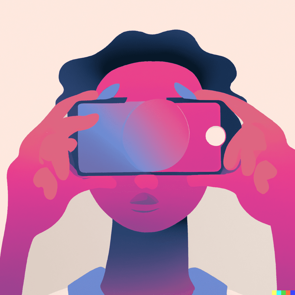 Abstract illustration of a person holding a mobile phone over their eyes, symbolizing the immersive experience of virtual tours for hotels and attractions.