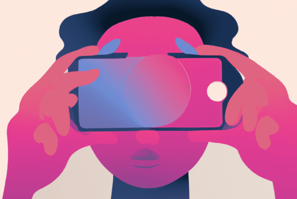 Abstract illustration of a person holding a mobile phone over their eyes, symbolizing the immersive experience of virtual tours for hotels and attractions.