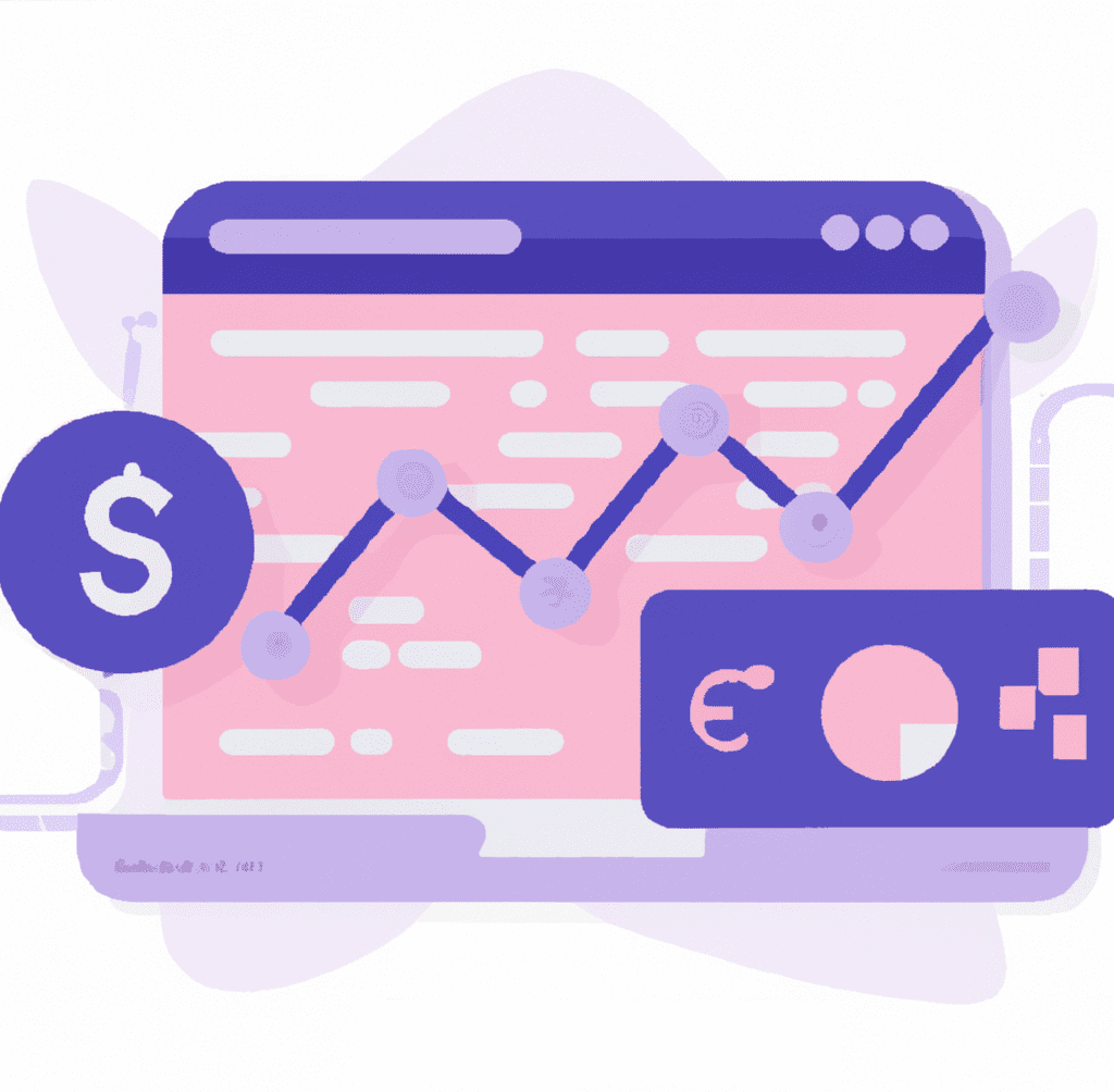 Abstract illustration of a data dashboard, magnifying glass, and money, illustrating the impact of web hosting on SEO and ROI.